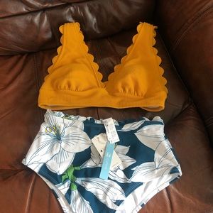 Yellow and Floral V-Neck Scalloped Bikini